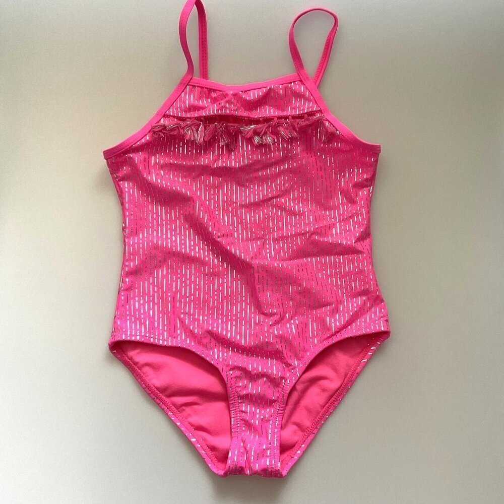 NEW KENSIE GIRL FOIL STRIPE RUFFLE TASSEL ONE PIECE SWIMSUIT
